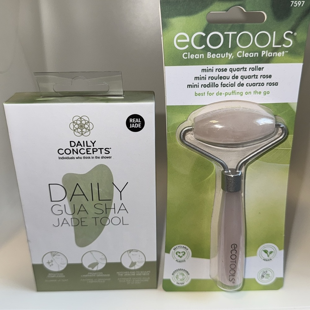 Jade Gua Sha Tool by Daily Concepts & Eco Tools Rose Quartz Mini Roller SET